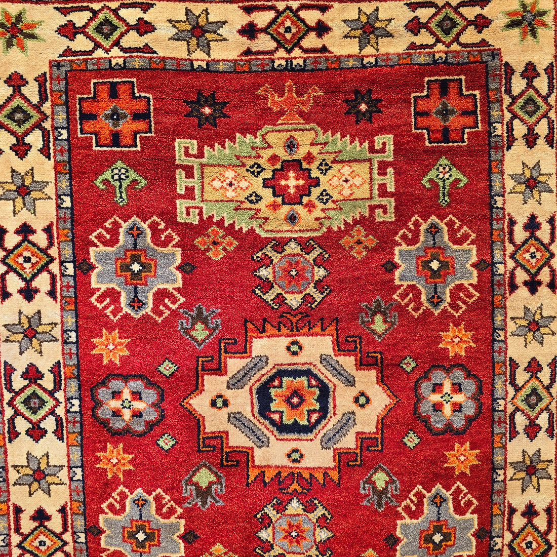 Käsinsolmittu itämainen villamatto Kazak Cella Punainen 140 x 200 cm