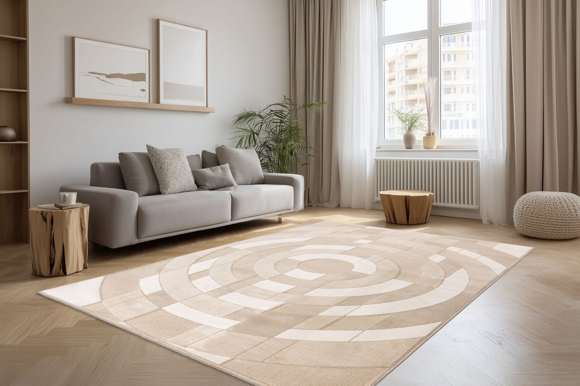 moderni beige olohuoneen matto bergamo sisustuksessa